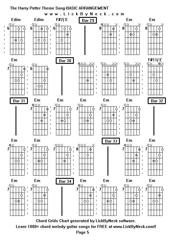 Chord Grids Chart of chord melody fingerstyle guitar song-The Harry Potter Theme Song-BASIC ARRANGEMENT,generated by LickByNeck software.